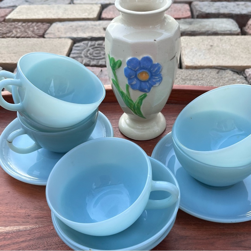 Vintage Blue Fire King Teacup Set with Floral Vase - Picture 1 of 5